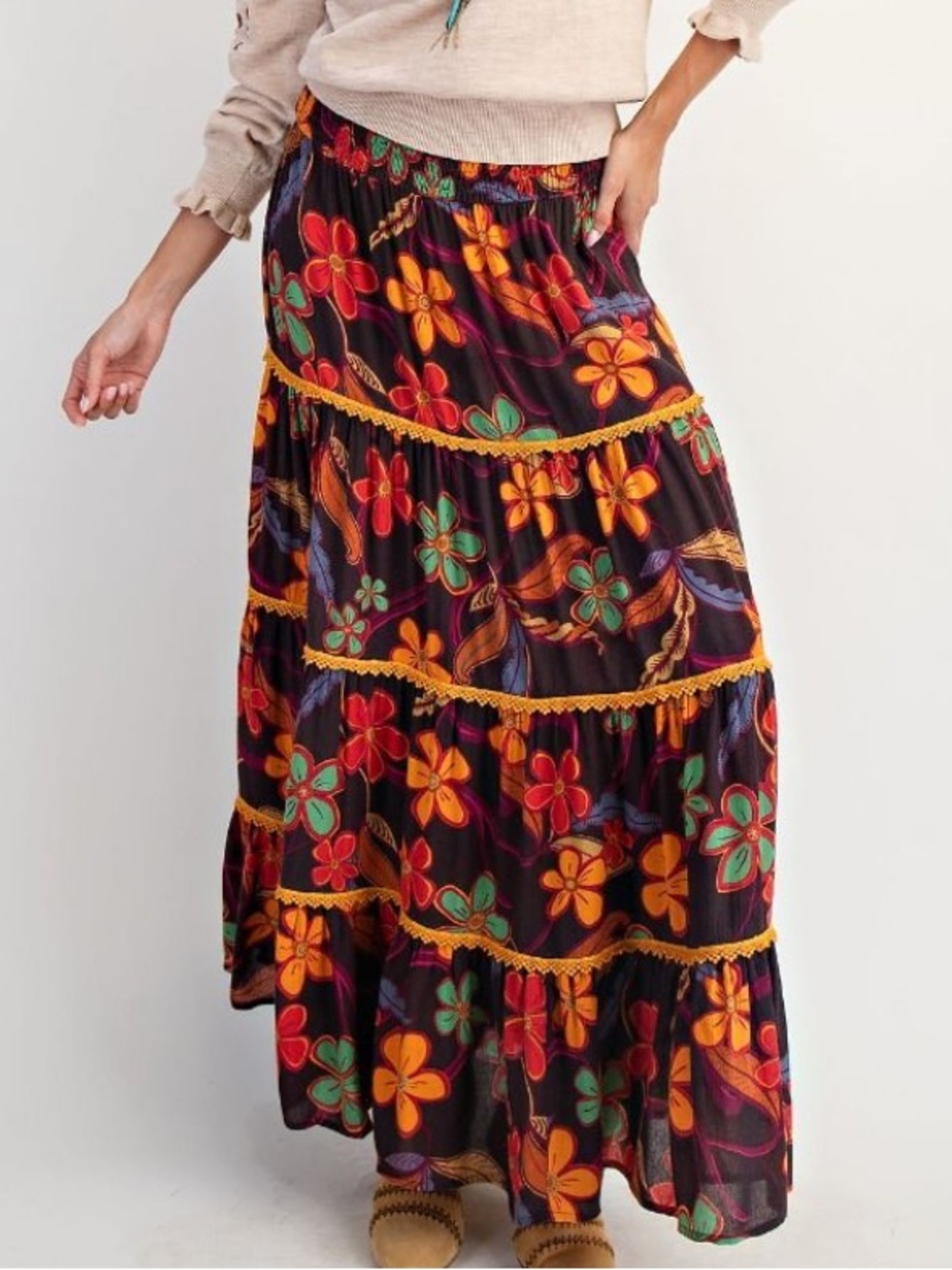 Easel Crochet Trim Rayon Espresso Brown Fall Floral Rayon Boho Maxi Skirt